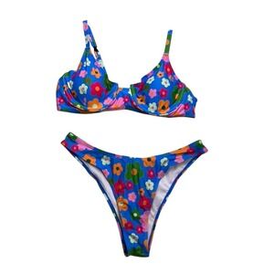 Bikin X Underwire Bikini Set Womens Large Blue Floral New 2 Piece Swimsuit Retro